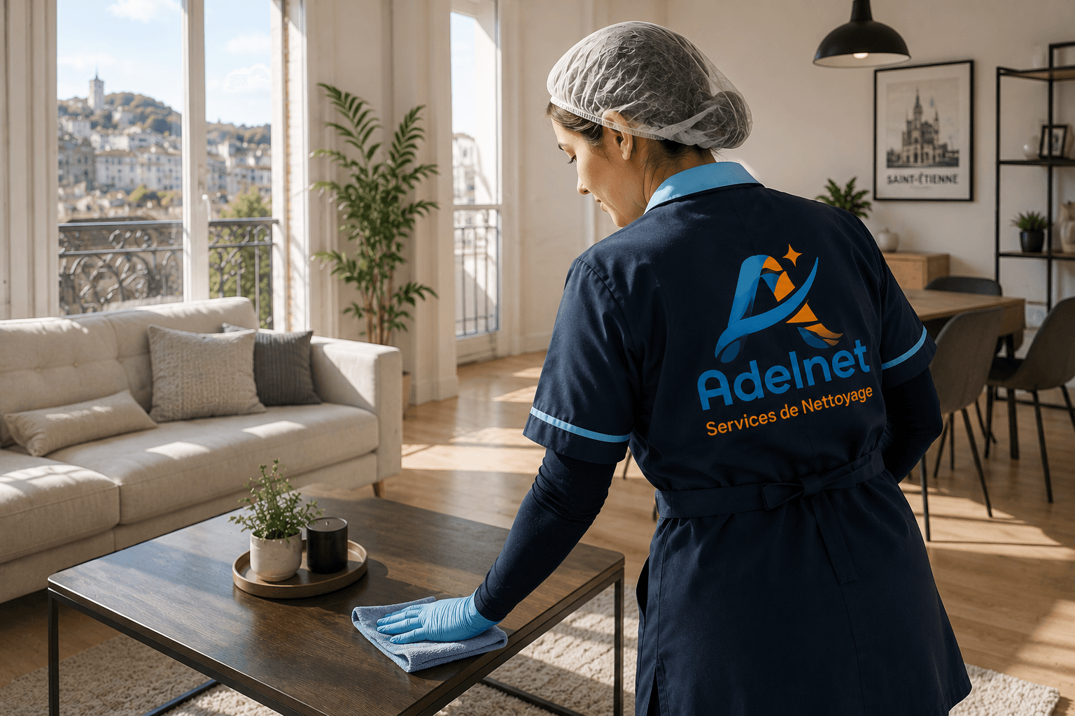 Intervenante Adelnet en tenue, entretien d'un appartement lumineux à Saint-Étienne