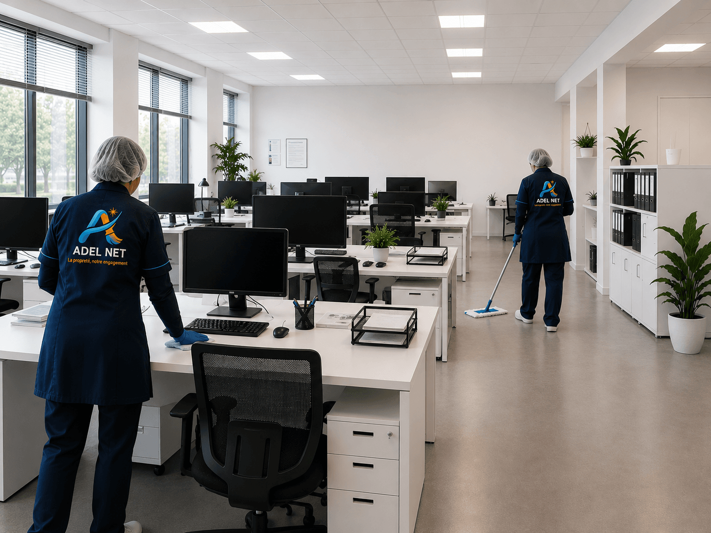 Équipe Adelnet nettoyant un open space de bureaux