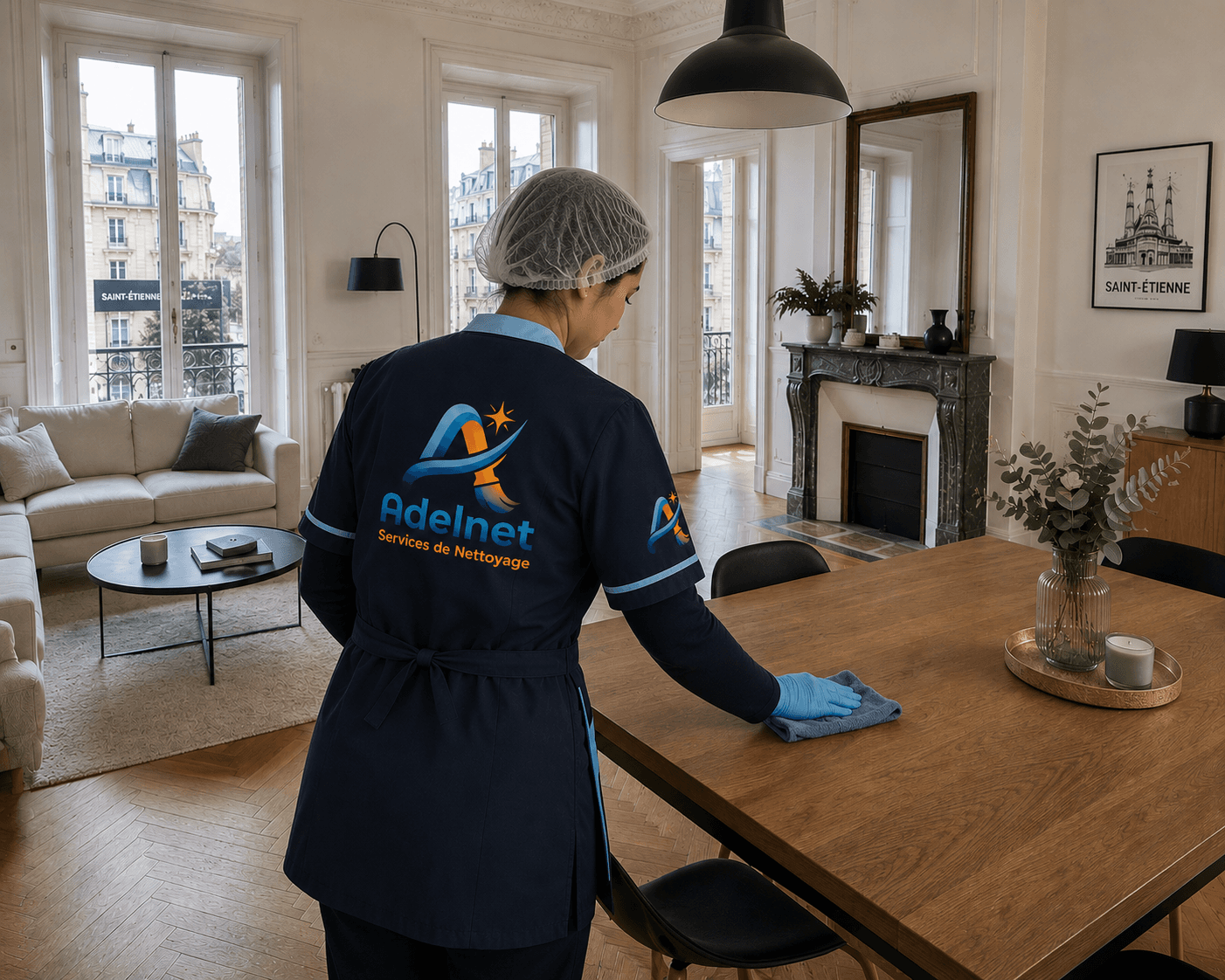 Intervenante Adelnet en tenue nettoyant un appartement à Saint-Étienne